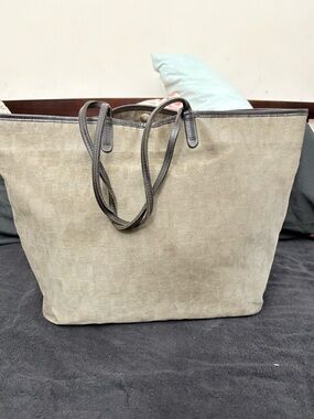 Furla Beige Canvas Tote with Dark Brown Trim